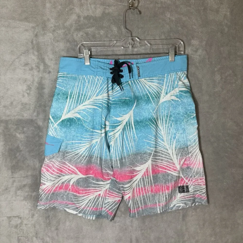 Maui & Sons Retro Surfer Board Shorts 34 Palm Leaf Beach Swim Trunks Colorful